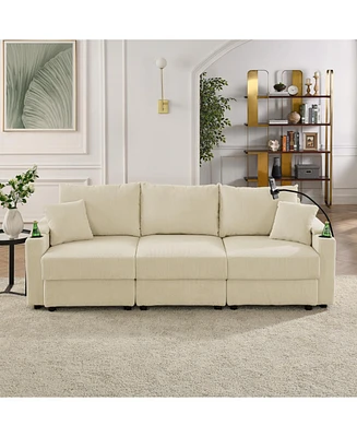 Beige Corduroy Sofa with Storage, Cup & Phone Holders
