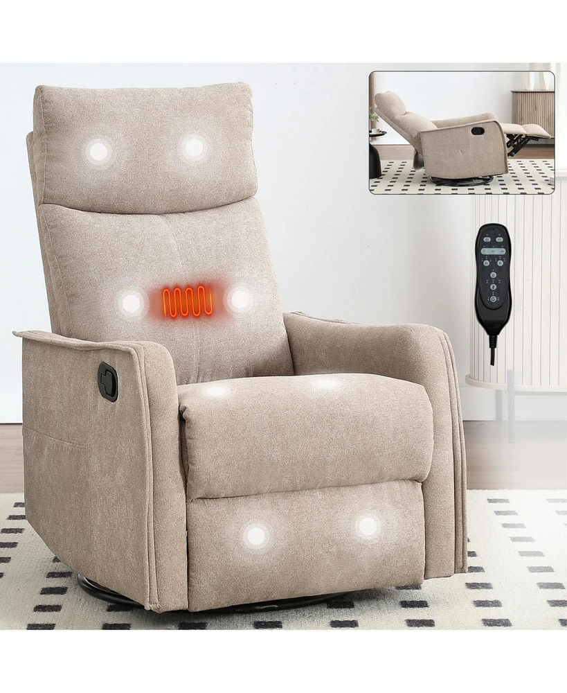 Heat Massage Manual Recliner Chair with Rocker and Swivel in Fabric for Living Room, Khaki