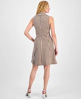 Robbie Bee Women's Striped Belted Sleeveless Fit & Flare Dress