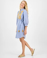 julia jordan Women's Striped Embroidered Tie-Waist Dress