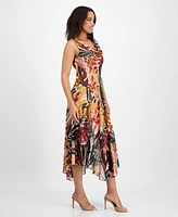 Robbie Bee Women's Printed Draped-Neck Asymmetric Dress
