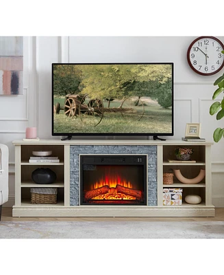 Large Faux Stacked Stone Tv Desk Storage Rack, Media Console Table with Large Storage Cabinet, Modern Tv Media Stand with 23" Fireplace Insert, W