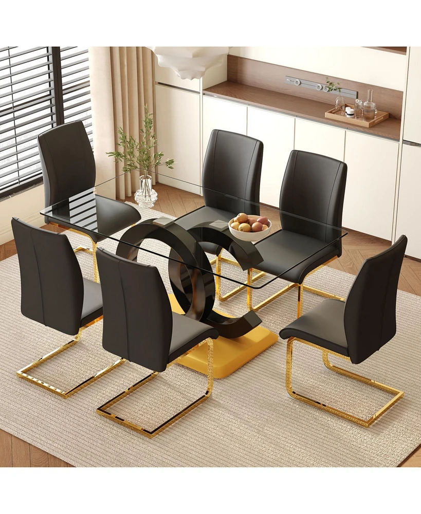 63" Glass Dining Set with 6 Black Chairs & Gold Legs