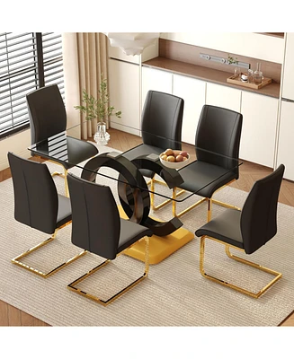 63" Glass Dining Set with 6 Black Chairs & Gold Legs