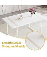 55" Cream White Dining Set: Table & 6 Black Chairs