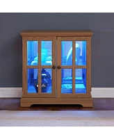 Antique Led Curio Display Cabinet, Adjustable Shelves, Lattice Doors, Oak Showcase