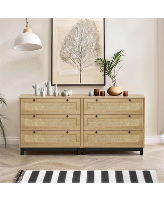 3-Drawers Storage Cabinet Rope Woven Drawer (Set of 2), for Bedroom,Living Room,Dining Room,Hallways,Oak