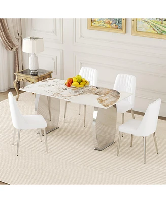 Pandora Patterned Sintered Stone Dining Table Set with 4 White Chairs
