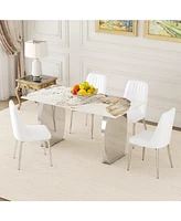 Pandora Patterned Sintered Stone Dining Table Set with 4 White Chairs