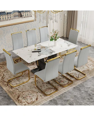 71" Pandora Glass Table with 8 Light Gray Pu Chairs