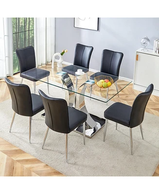Modern Glass Dining Set with Pu Chairs