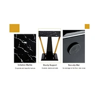 Black Marble Pattern Tempered Glass Dining Set - 71"x35.4" with 8 White Pu Chairs With a Widened Backrest Design