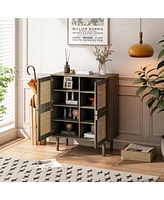 4-Doors Rattan Mesh Storage Cabinet, Sideboard with Eight Storage Spaces, for Entryway, Living Room, Hallway (Grey with Woodgrain)