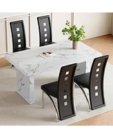 White Marble Dining Set - 4 Pu Chairs, Silver Legs