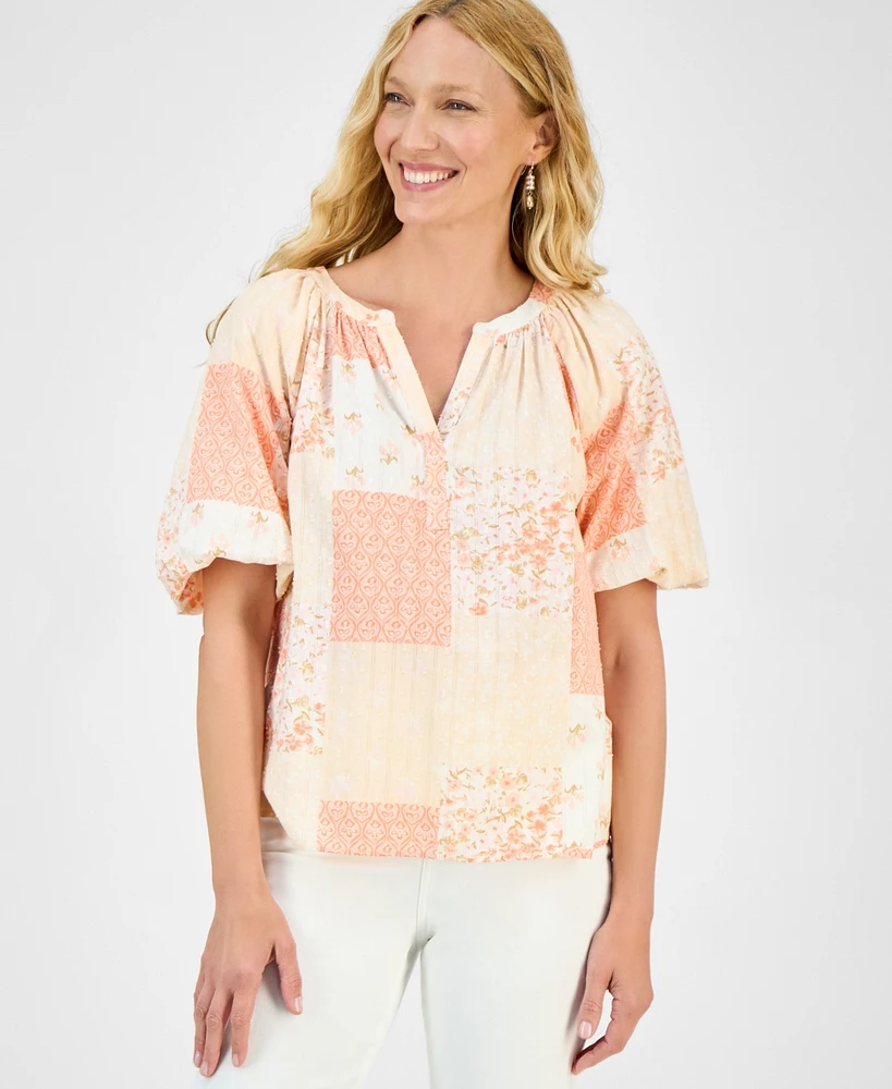 Style & Co Women's Printed Bubble-Sleeve V-Neck Blouse, Exclusively at Macy's