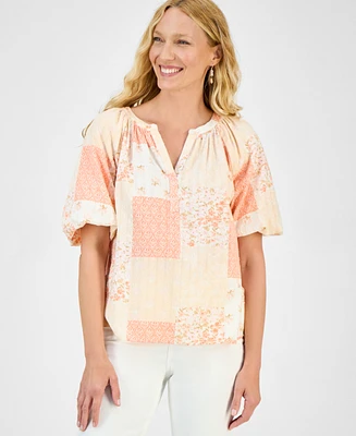 Style & Co Women's Printed Bubble-Sleeve V-Neck Blouse, Exclusively at Macy's