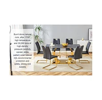 Sintered Stone Dining Set: 6 Chairs, Golden Legs, Black Texture