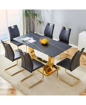 Sintered Stone Dining Set: 6 Chairs, Golden Legs, Black Texture