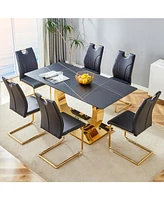 Sintered Stone Dining Set: 6 Chairs, Golden Legs, Black Texture