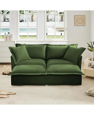 Green Chenille 2-Seater Sofa with Ottomans & Sleeper