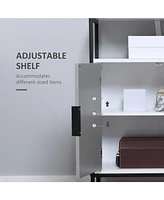 Storage Cabinet with Open Shelf and Double Door Cupboard, Accent Cabinet with Herringbone Panel and Steel Frame, Gray