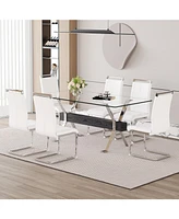 Elegant Glass Dining Set with 6 White Pu Chairs