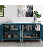 Navy Blue Storage Cabinet with Carved Doors & Adjustable Shelves