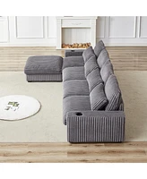 126" Corduroy L-Shaped Sofa w/ Cup Holder, Usb, Pillows & Ottoman
