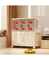 Cream White 19" 4-Tier Folding Storage Cabinet with Magnetic Door & Wheels
