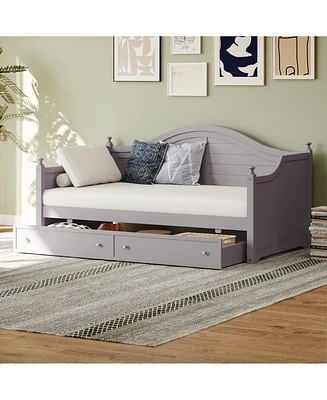 Twin Size Wood Daybed with 2 Storage Drawers, Wooden Sofa Bed with Handrail for Living Room Bedroom, Light Grey