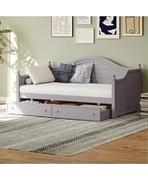 Twin Size Wood Daybed with 2 Storage Drawers, Wooden Sofa Bed with Handrail for Living Room Bedroom, Light Grey