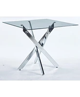 Modern Glass Dining Table with Cross Metal Legs (90x90x75cm)