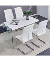 White Coffee Table & 4 Pu Chairs - Glass Legs, Silver Accents