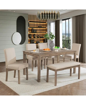 6-Piece Dining Set with Upholstered Chairs and Bench (Brown