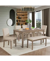 6-Piece Dining Set with Upholstered Chairs and Bench (Brown