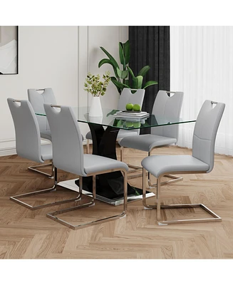 Elegant Glass Dining Table with Grey Chairs (Set of 7