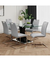 Elegant Glass Dining Table with Grey Chairs (Set of 7