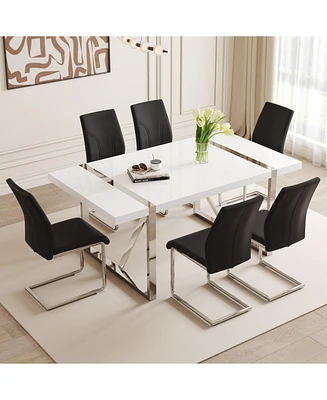 White Mdf Dining Table Set with 6 Black Pu Chairs (71"x39.3