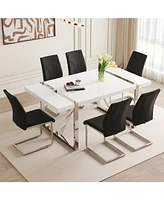 White Mdf Dining Table Set with 6 Black Pu Chairs (71"x39.3