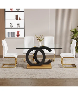Luxurious Glass Dining Set: 4 Chairs, Gold Legs, Pu Upholstery