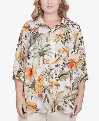 Alfred Dunner Plus Tropical Bird Button Front Top