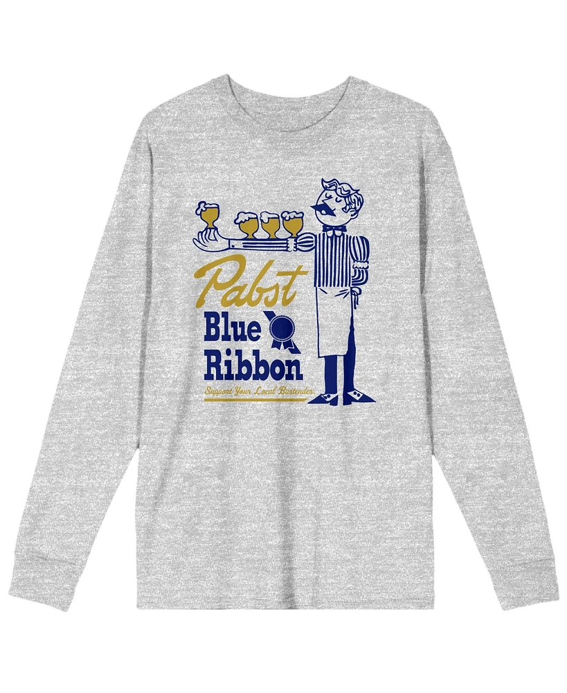 Pabst Blue Ribbon Men's Bartender With Beer Athletic Heather Long Sleeve Shirt-Large
