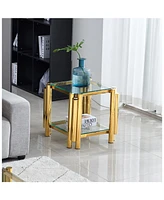 20" Square End Table with Glass & Stainless Steel, Gold Storage