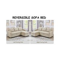 Upholstered Pull Out Sectional Sofa with Storage Chaise, Convertible Corner Couch, Beige