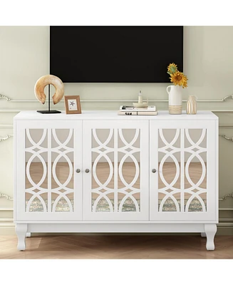 Mirrored Tv Stand for TVs up to 55", with Solid Wood Legs, Metal Handle, and Adjustable Shelves