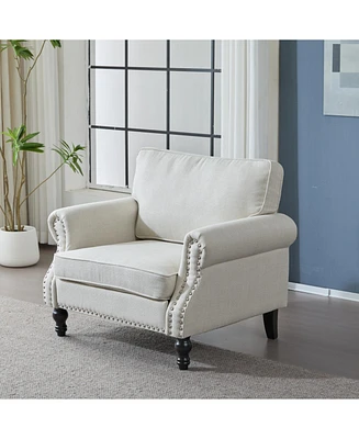 40" Nailhead Trim Sofa, Beige Faux Leather Rolled Arm, 1 Seater