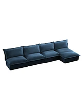 Slipcovered Modular Sectional Sofa with Detachable Ottoman (Blue Chenille)