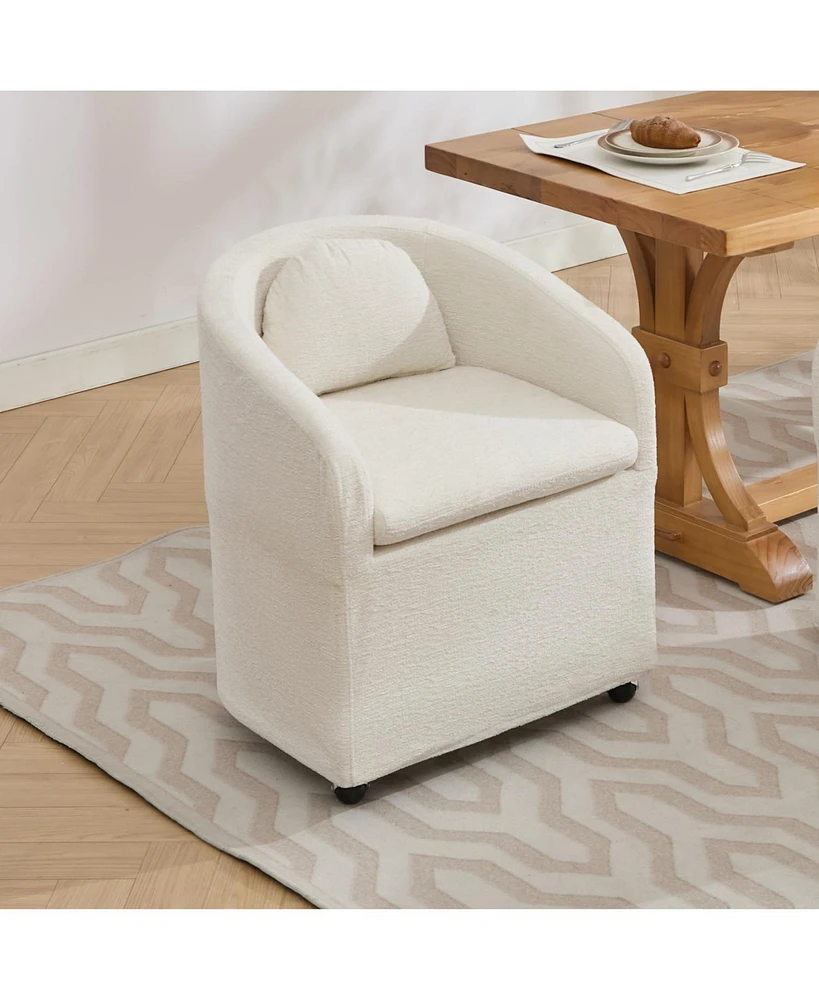 Set of 1 Chenille Fabric Dining Armchair With Back Cushion and Universal Wheels,Beige