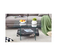 Elegant 31.4" Modern Square Coffee Table: Glass and Marble Pattern