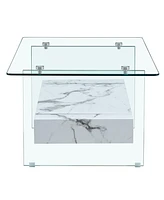 43" Modern Two-Tier Coffee Table: Clear Glass, White Marble Texture